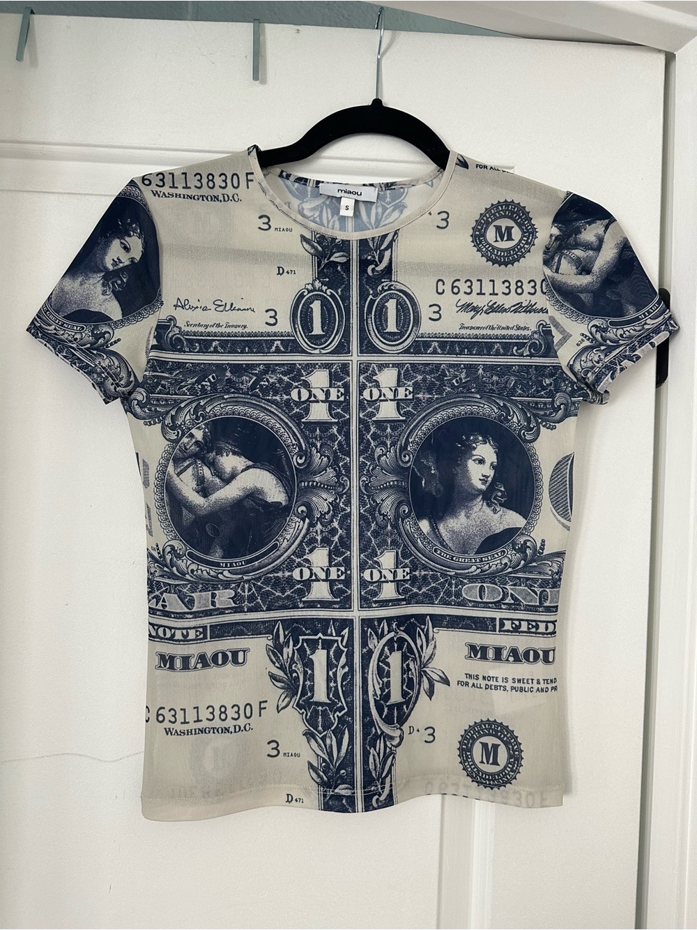 Miaou Graphic Money-Print Short Sleeve Top - Black/White